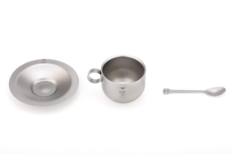 Keith Titanium Ti3601 Double-Wall Coffee Cup with Saucer and Spoon - Image 2